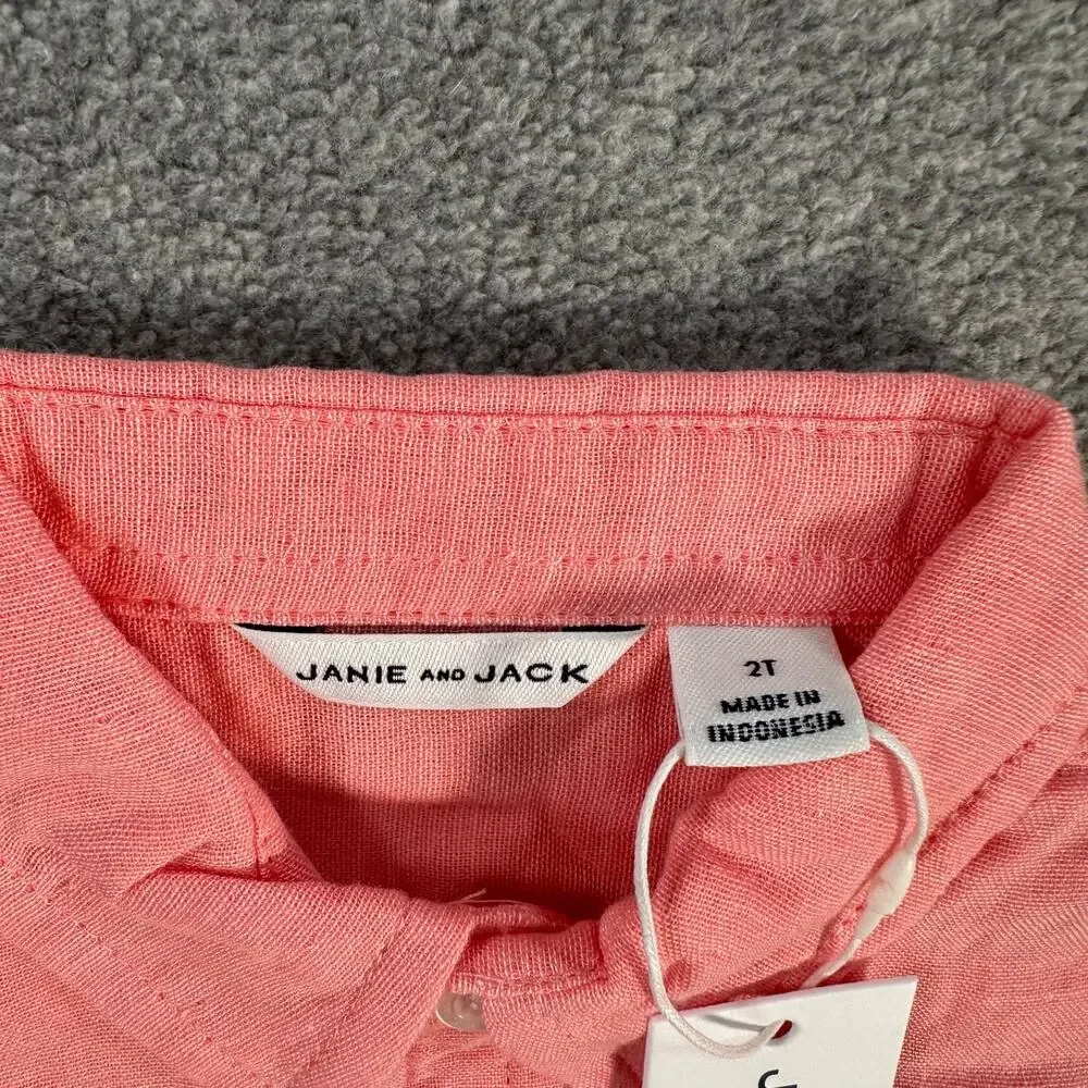 Janie and Jack Boy Size 2T Button Down Shirt Pink Cotton Collared Long Sleeve Ne